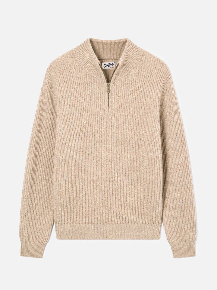 Pull demi-zip en laine Buck beige avec côtes mouliné 