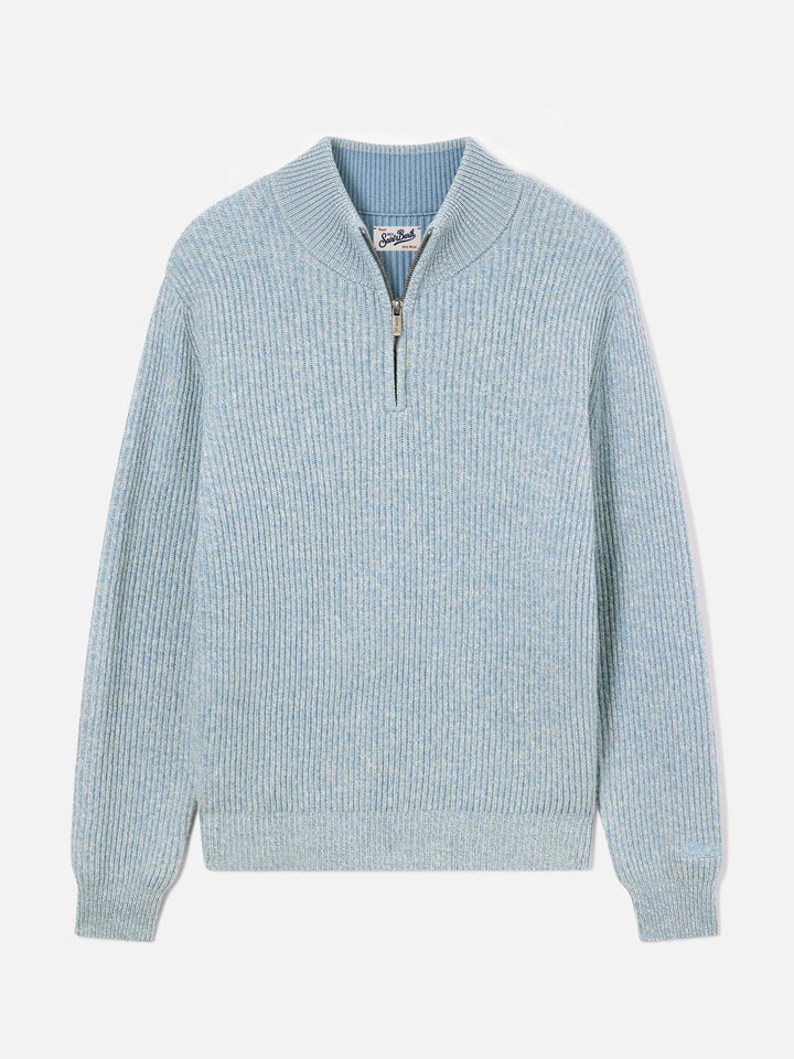 Pull en laine Buck blue légère à demi-zip avec côtes moulinées 