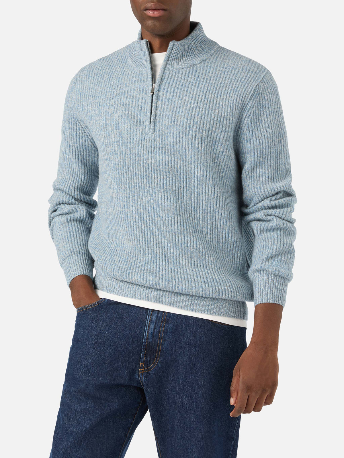 Maglia Buck azzurra in lana con mezza zip e costina mouliné