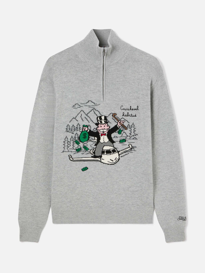Grey Buck half zip knit with Monopoly intarsia and embroidery | Special edition