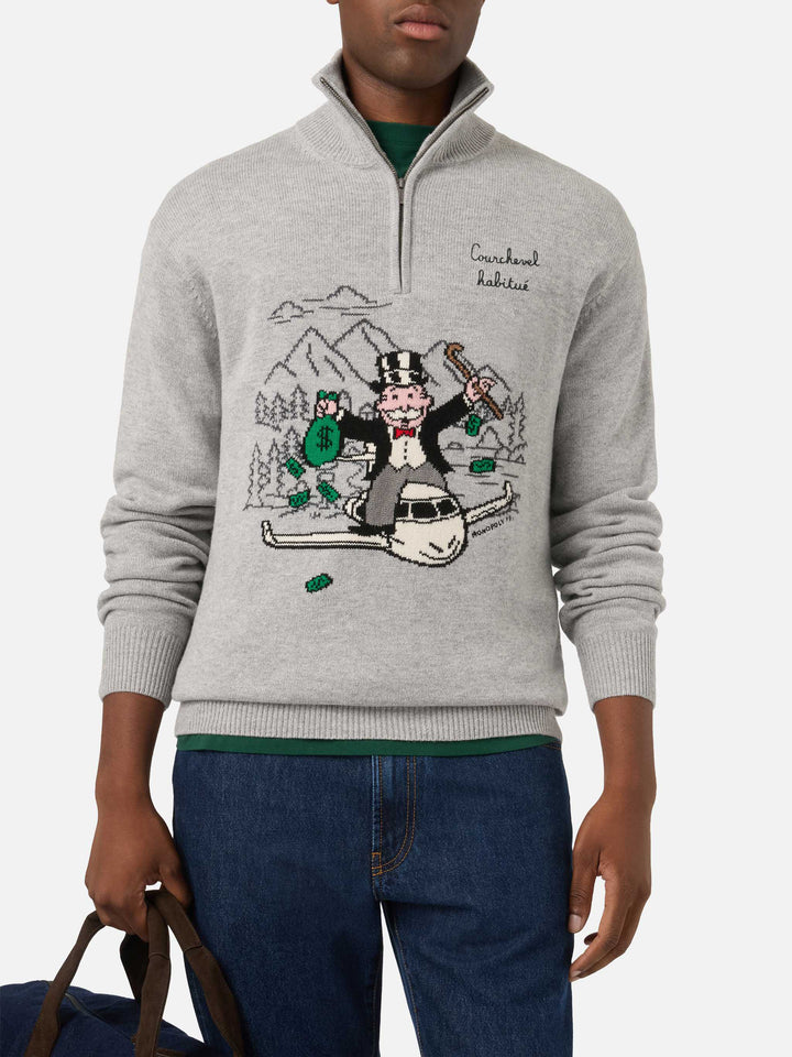 Pull en maille Buck gris à demi-zip avec intarsia et broderie Monopoly | Special edition 