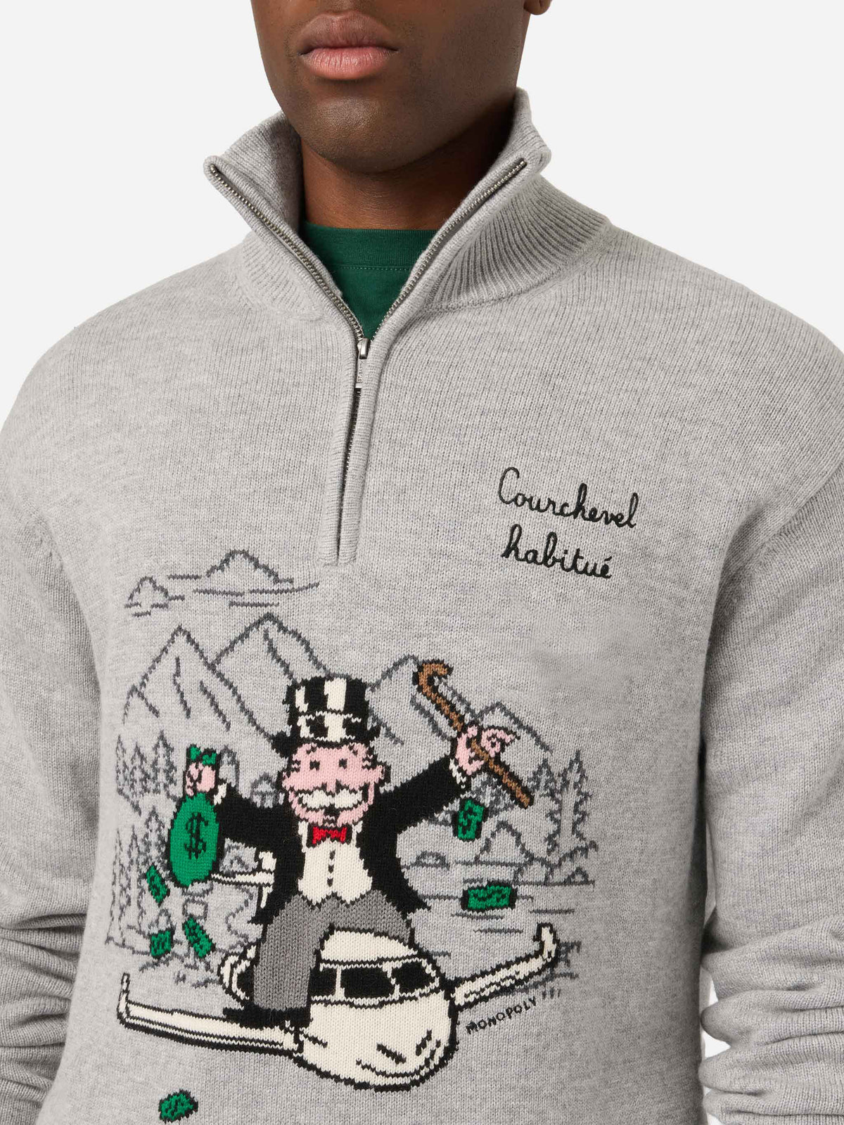 Maglia mezza zip grigia Buck con intarsio e ricamo Monopoly | Special edition