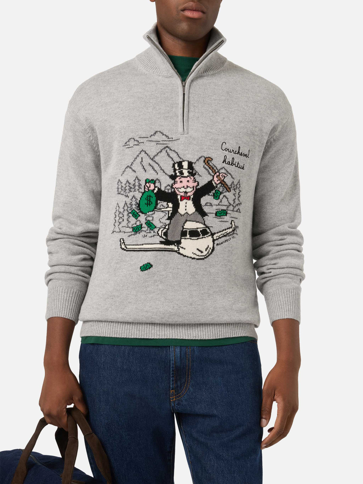 Grauer Buck Strickpullover mit Half-Zip, Monopoly Intarsie und Stickerei | Special edition 