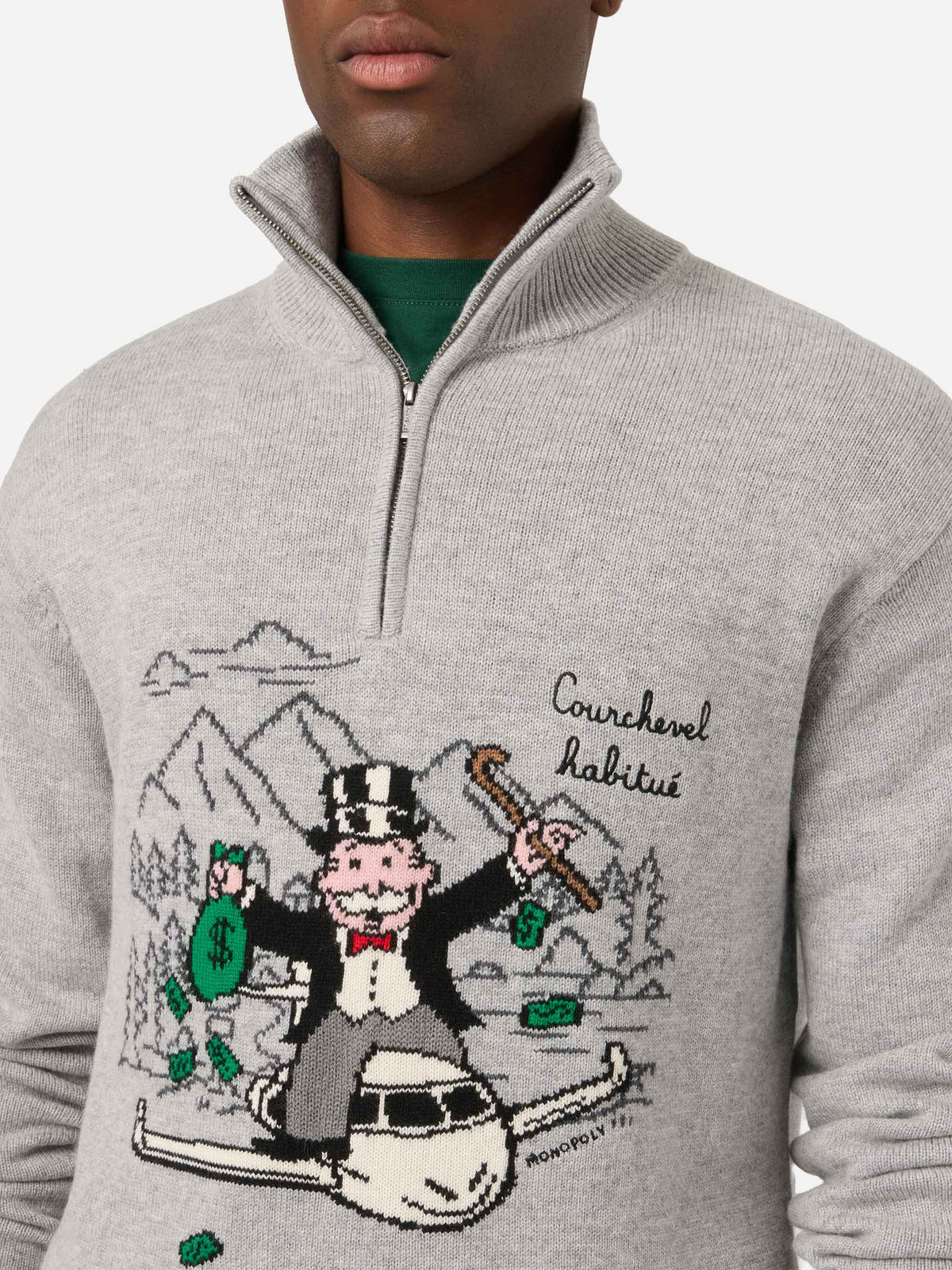 Grauer Buck Strickpullover mit Half-Zip, Monopoly Intarsie und Stickerei | Special edition 