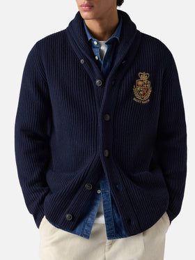 Man shawl collar blue ribbed cardigan with pockets and patch