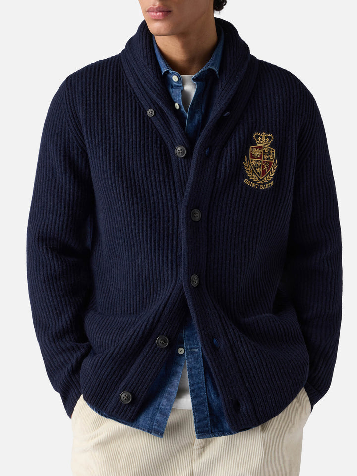Man shawl collar blue ribbed cardigan with pockets and patch