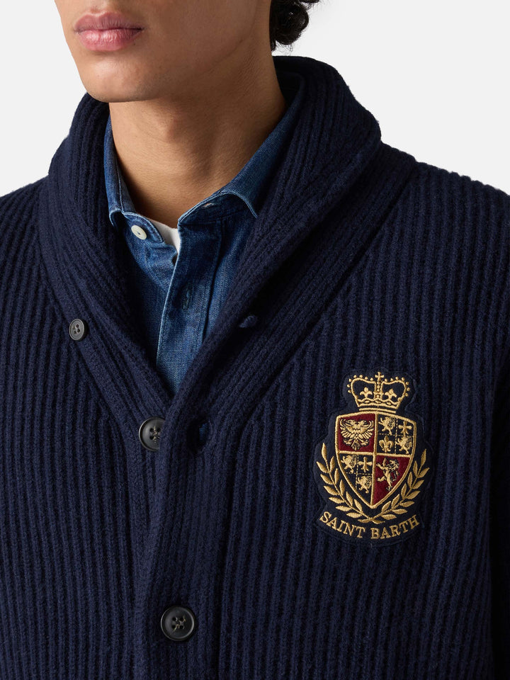 Man shawl collar blue ribbed cardigan with pockets and patch