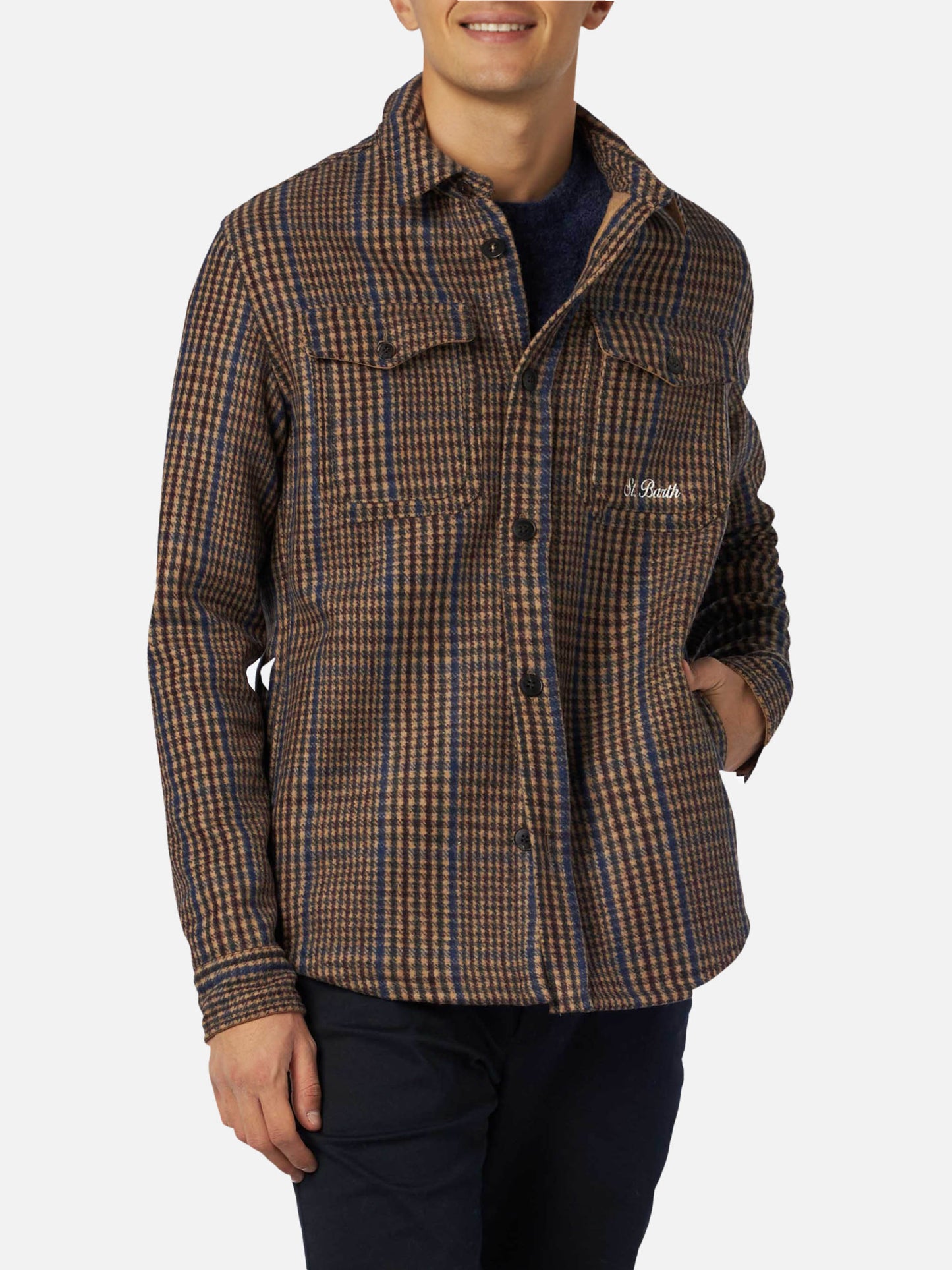 Man wooly Prince of Wales overshirt with pockets and patches
