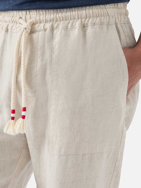 Man off-white linen Calais pants with drawstring