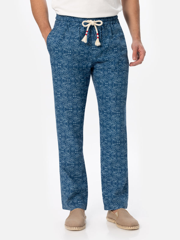 Man printed linen Calais pants with drawstring