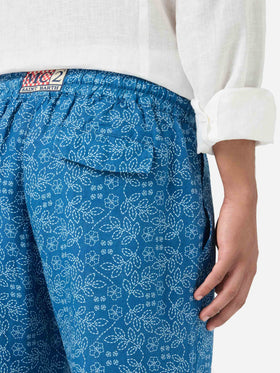 Pantalone Calais in lino fantasia sashiko blu