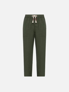 Military green linen pants Calais with drawstring