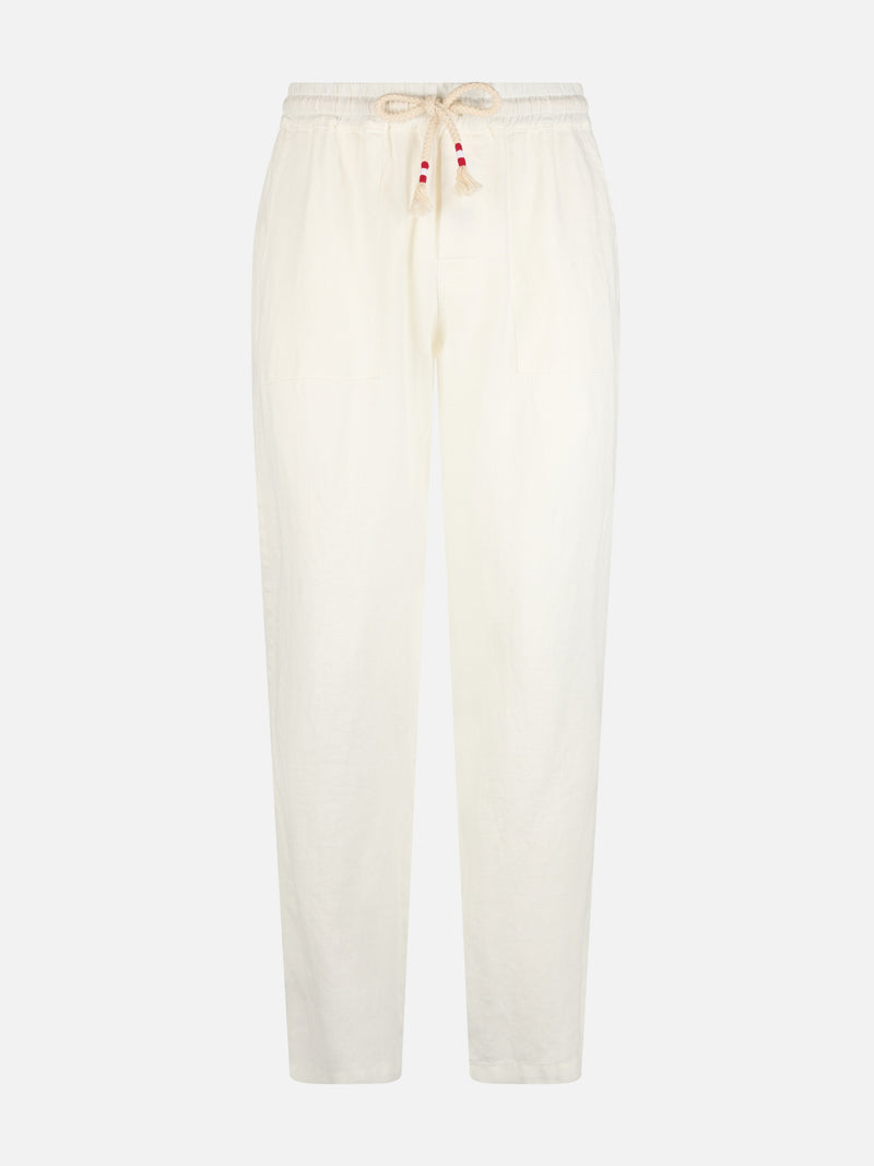 Pantalone Calais da uomo in lino bianco con coulisse