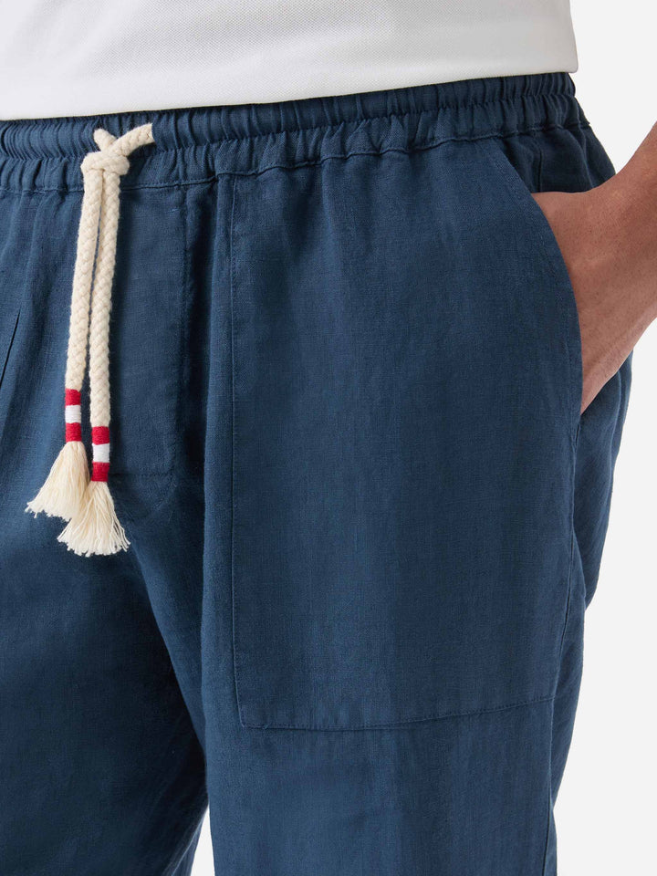Pantaloni in lino blu navy Calais con coulisse