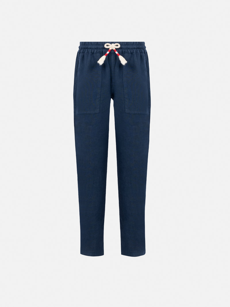 Pantaloni Calais Jr in lino blu navy con coulisse