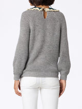 Woman grey ribbed sweater Calia with velvet collar and bow