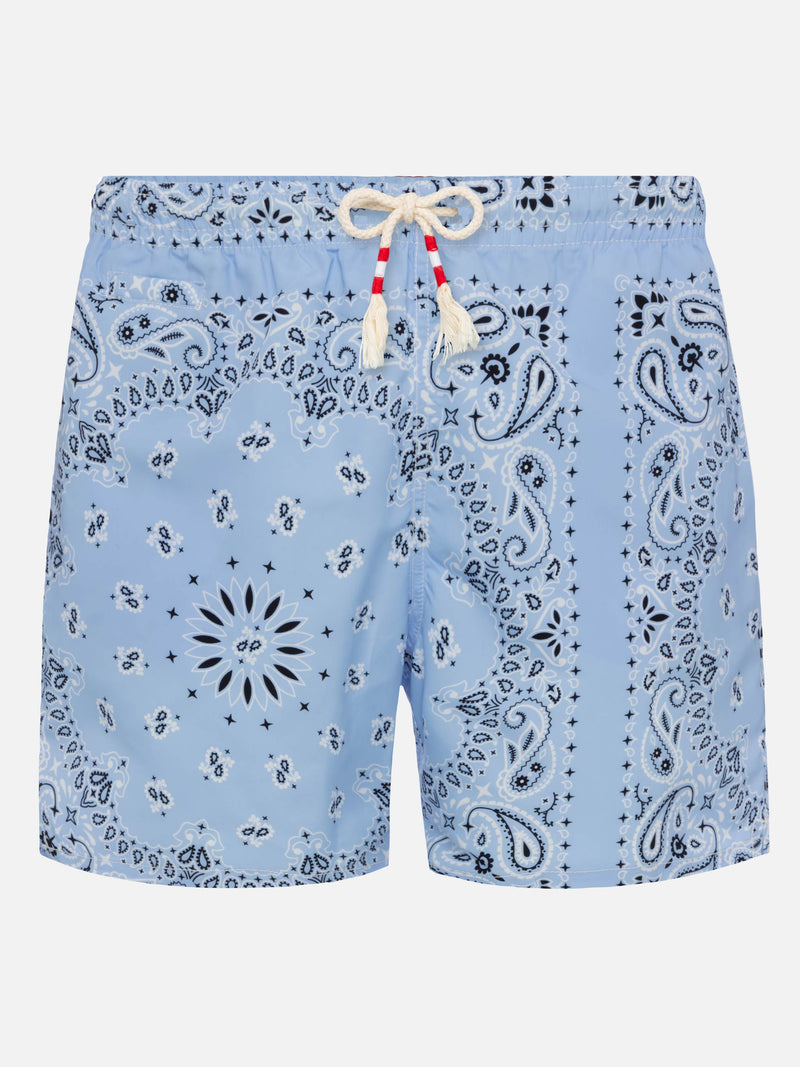 Mid-length swim-shorts Caprese with sky blue bandanna print