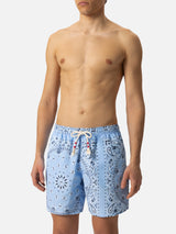 Mid-length swim-shorts Caprese with sky blue bandanna print