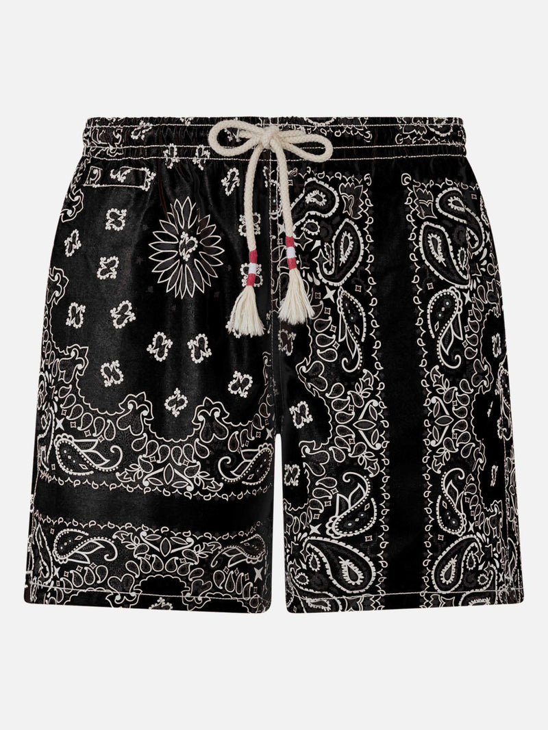 Man swim shorts with black bandanna print