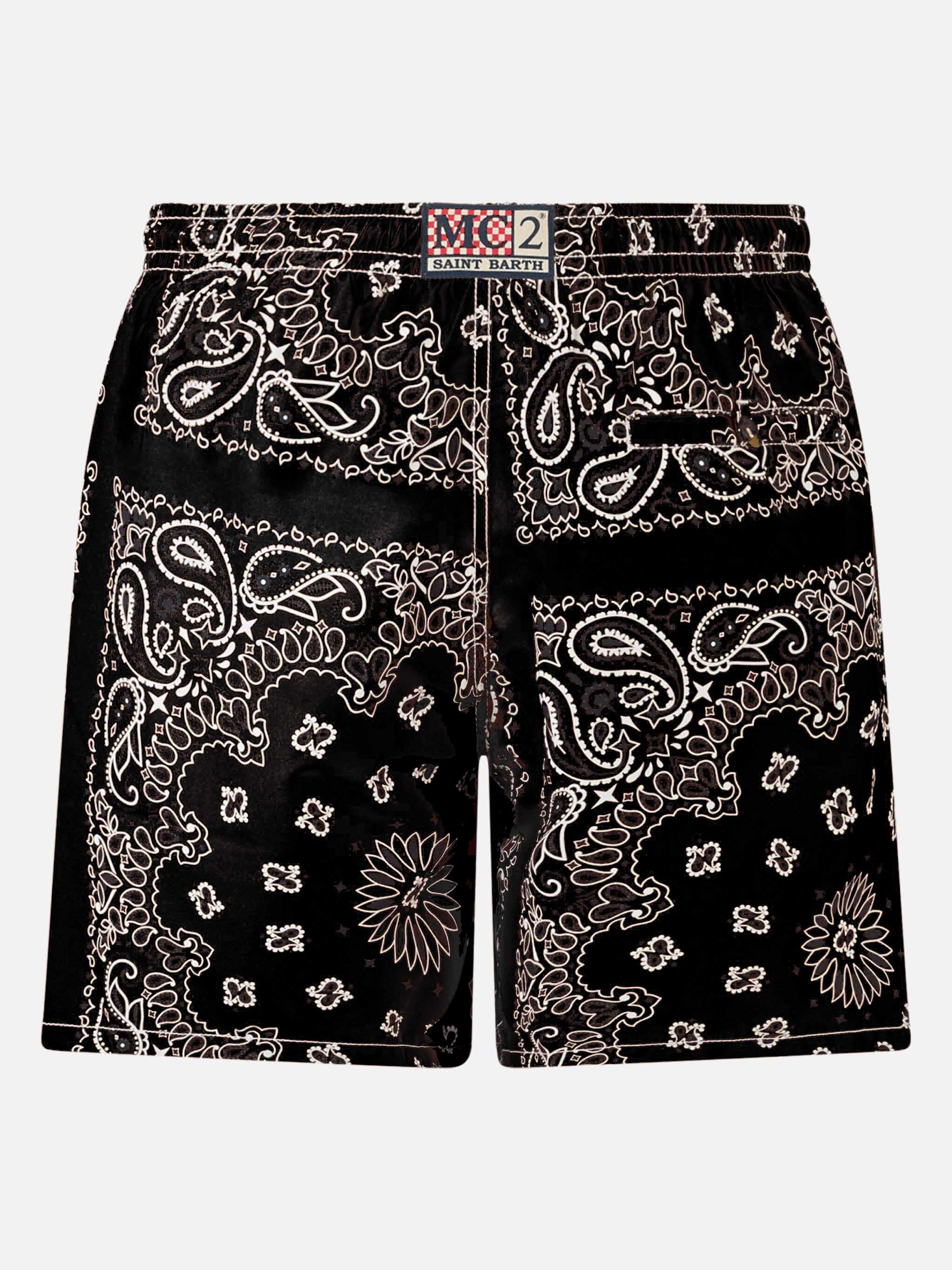 Mid-length swim-shorts Caprese with black bandanna print – MC2
