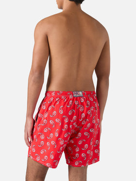 Mid-length swim-shorts Caprese with red paisley print