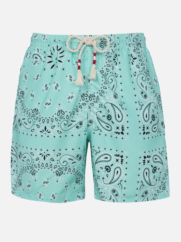 Man mid-length water green bandanna swim-shorts Caprese