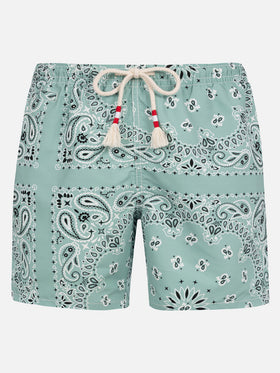 Costume mare lunghezza media Caprese con stampa bandana verde salvia