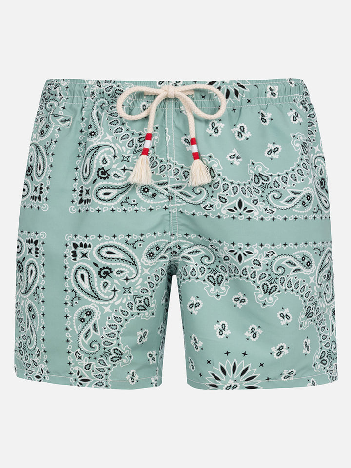 Costume mare lunghezza media Caprese con stampa bandana verde salvia