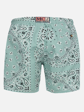 Costume mare lunghezza media Caprese con stampa bandana verde salvia