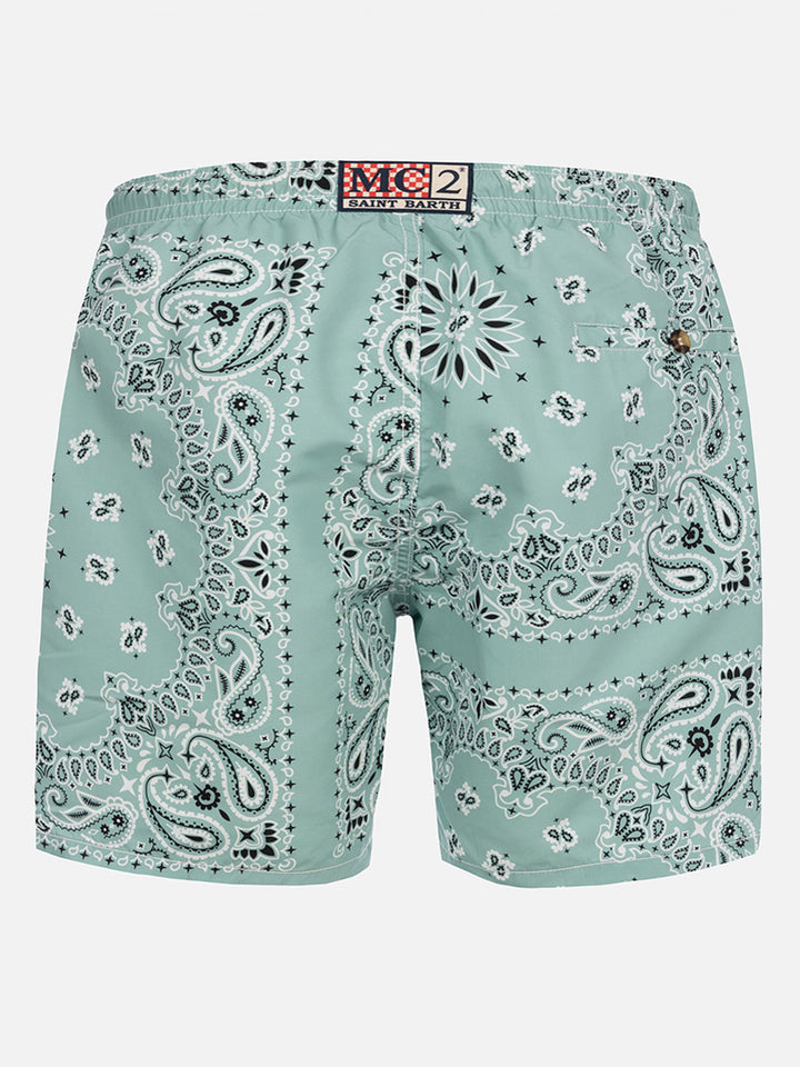 Costume mare lunghezza media Caprese con stampa bandana verde salvia