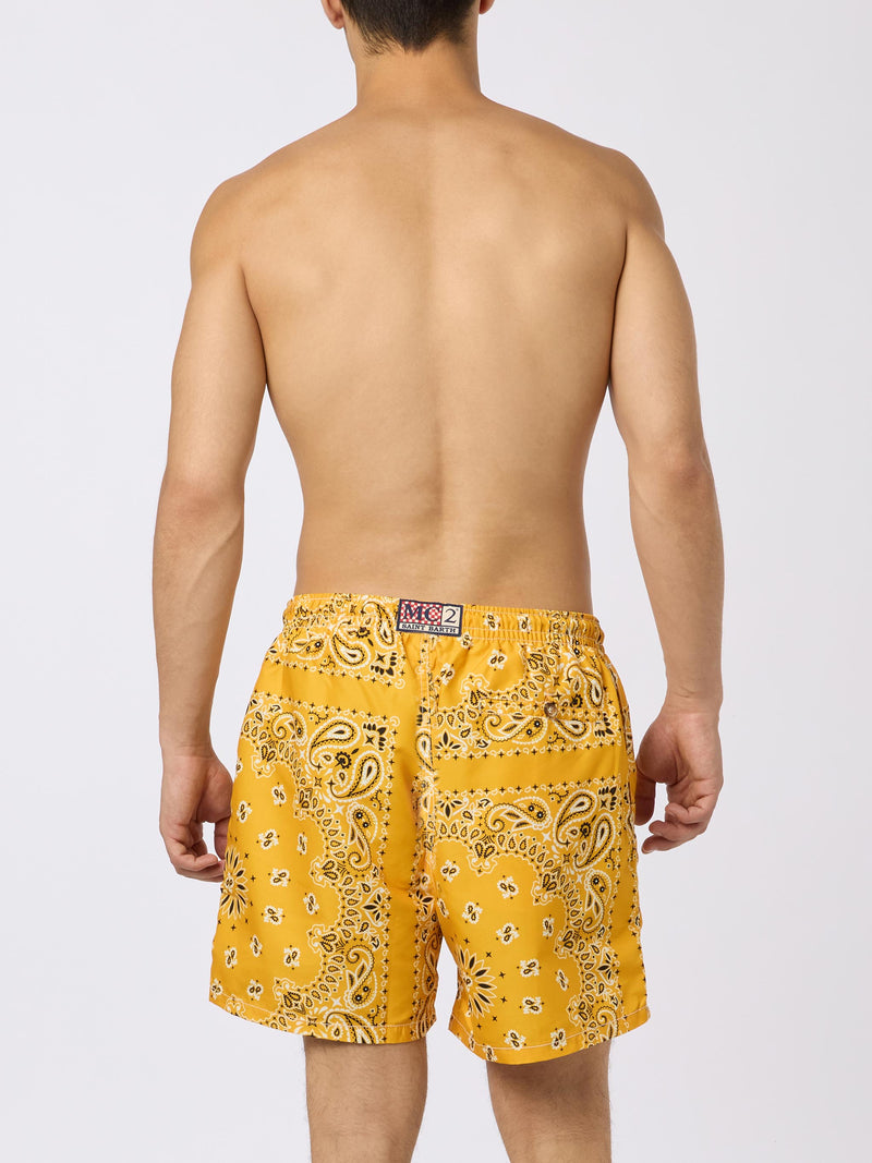 Man swim shorts with ochre bandanna print