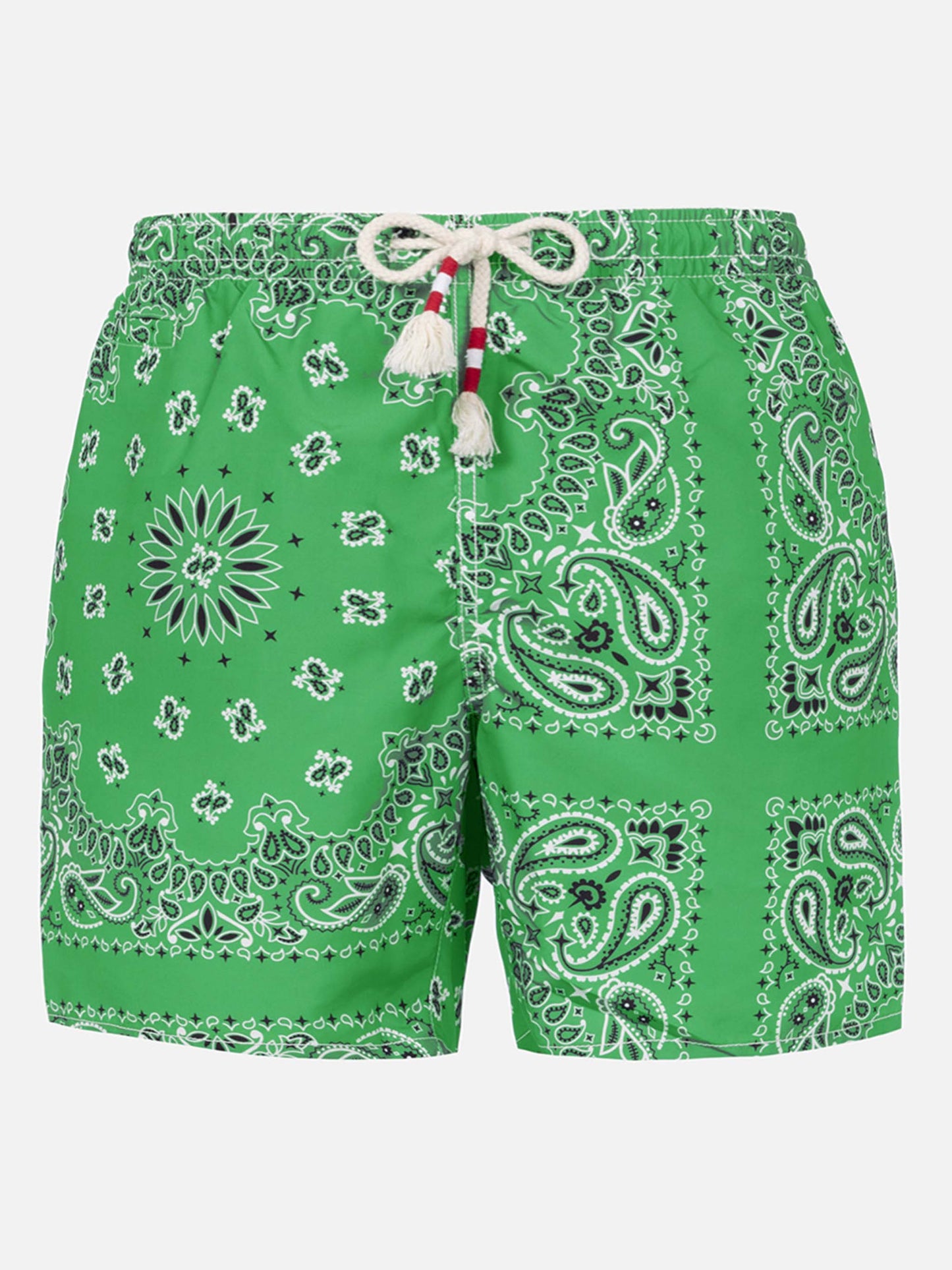 Herren-Badeshorts mit grünem Bandana-Aufdruck