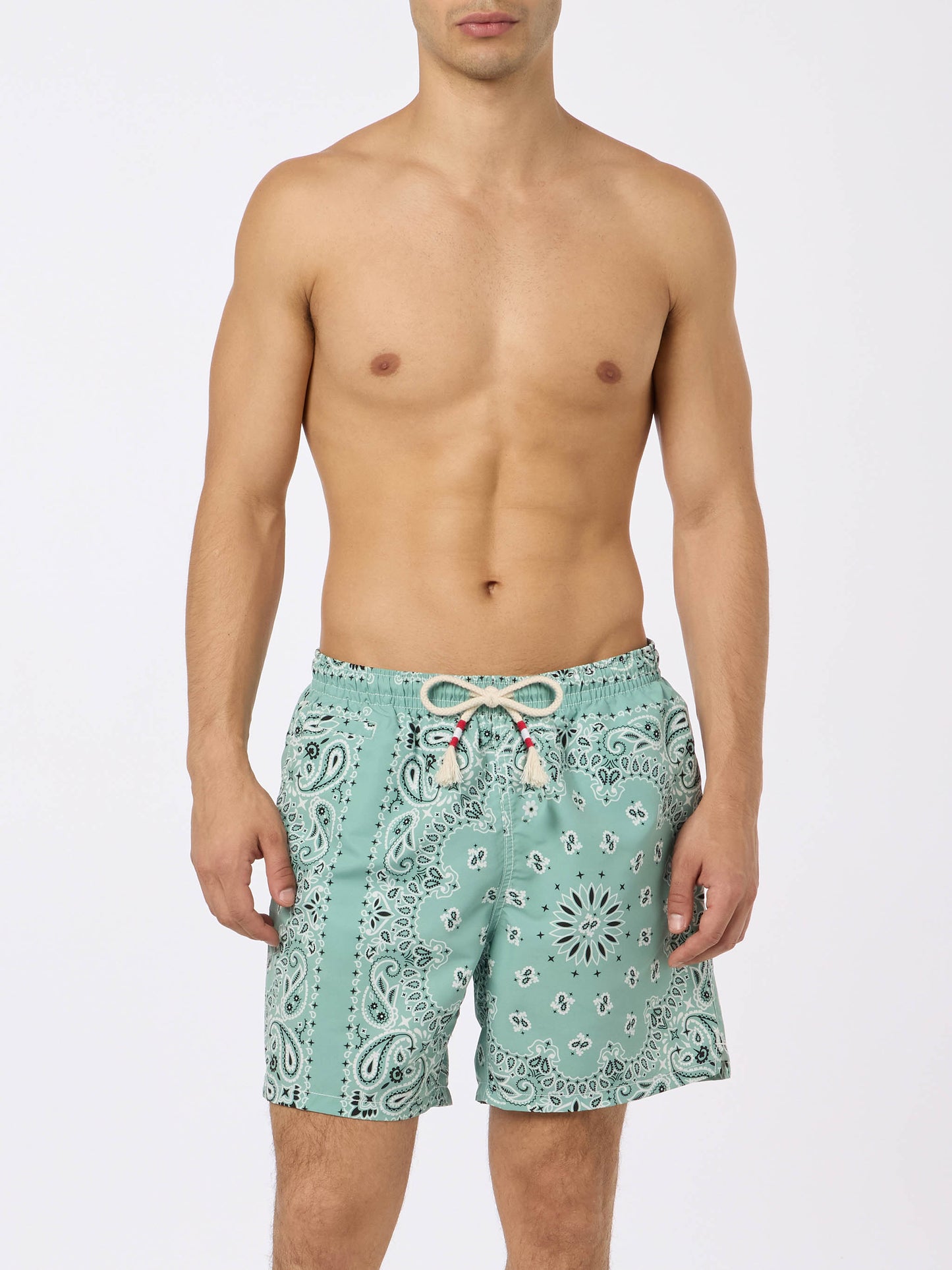 Mid-length swim-shorts Caprese with sage green bandanna print