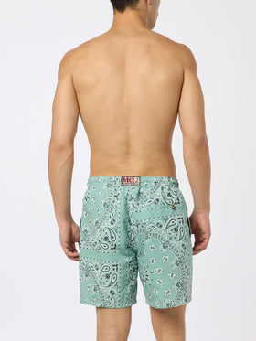 Mid-length swim-shorts Caprese with sage green bandanna print