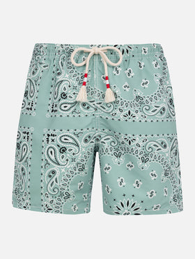 Mid-length swim-shorts Caprese with sage green bandanna print