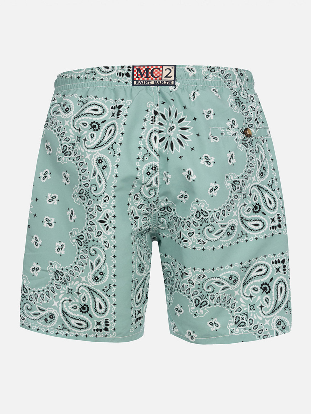 Mid-length swim-shorts Caprese with sage green bandanna print