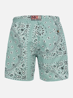 Mid-length swim-shorts Caprese with sage green bandanna print