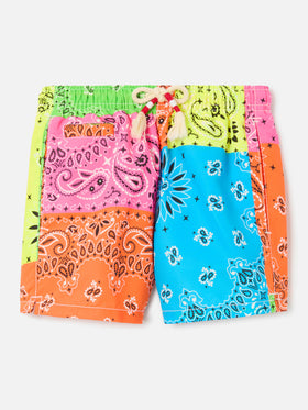 Badeshorts für Jungen mit mehrfarbigem Fluo-Bandana-Print
