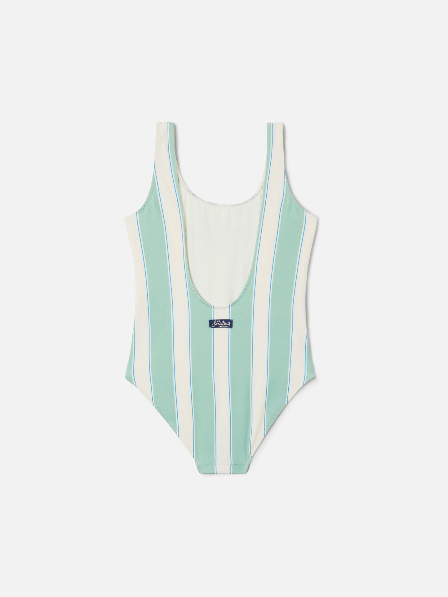Cara green and white striped one-piece swimsuit with Beach Club print