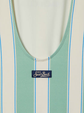 Cara green and white striped one-piece swimsuit with Beach Club print