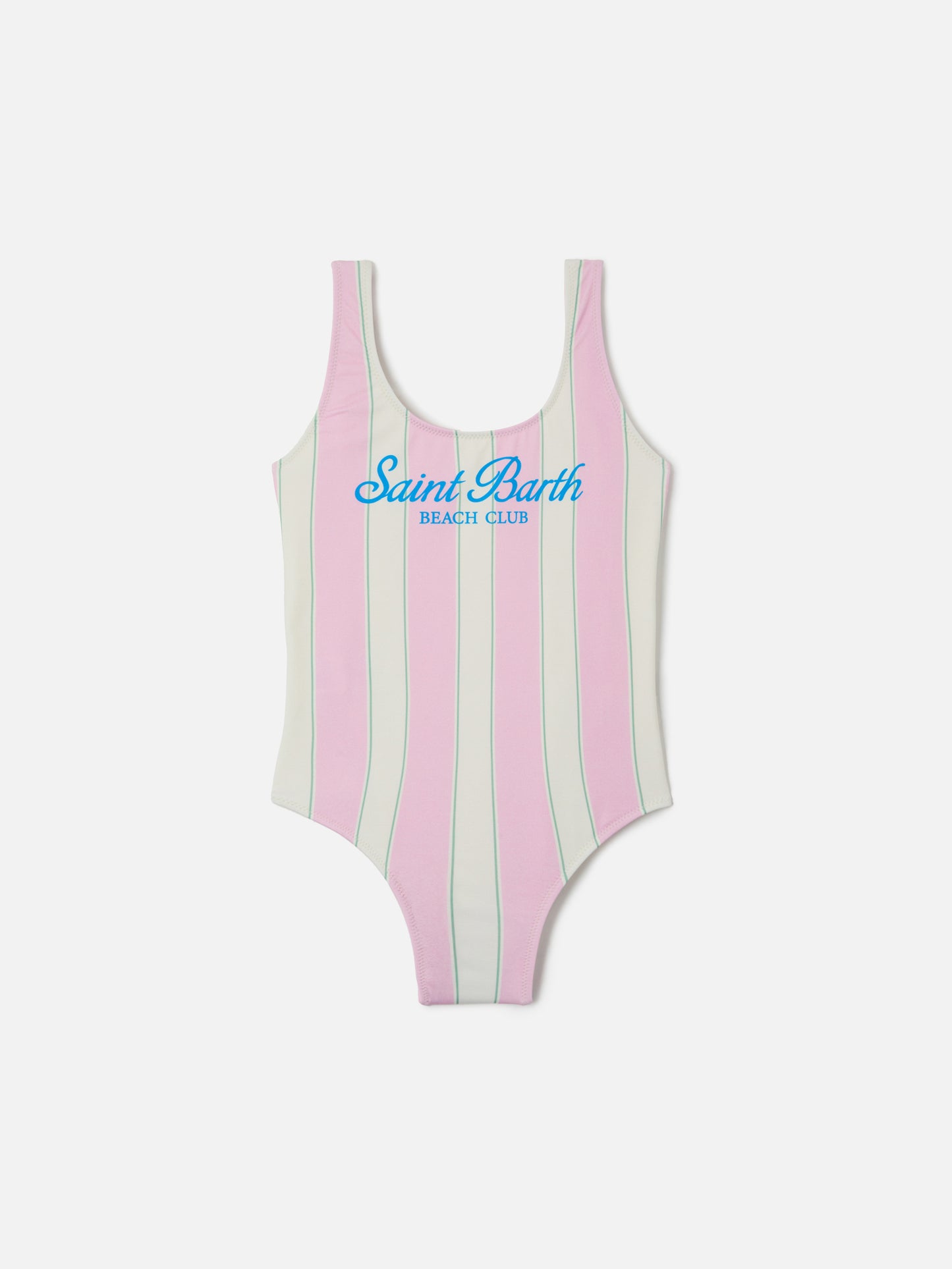 Cara pink and white striped one-piece swimsuit with Beach Club print