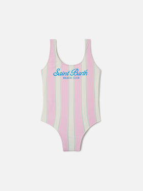 Cara pink and white striped one-piece swimsuit with Beach Club print