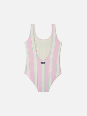 Cara pink and white striped one-piece swimsuit with Beach Club print