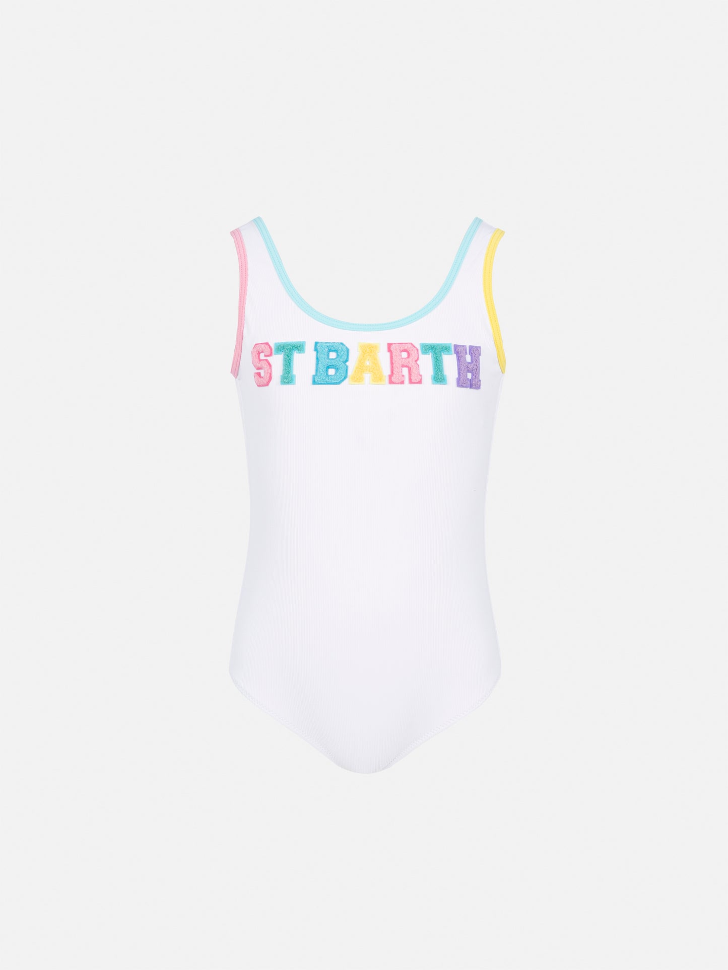 Cara white ribbed one-piece swimsuit with multicolor logo patch