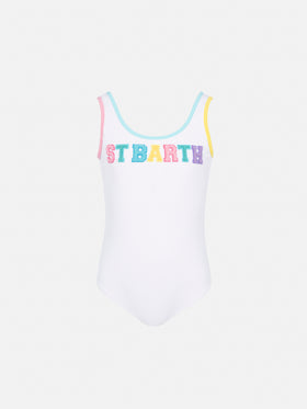 Cara white ribbed one-piece swimsuit with multicolor logo patch