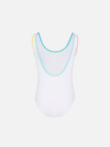 Cara white ribbed one-piece swimsuit with multicolor logo patch