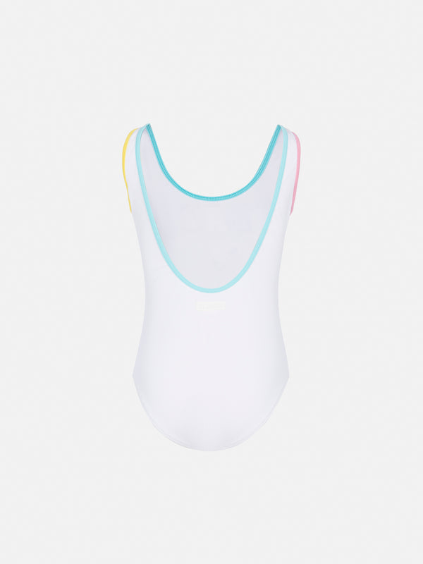 Cara white ribbed one-piece swimsuit with multicolor logo patch