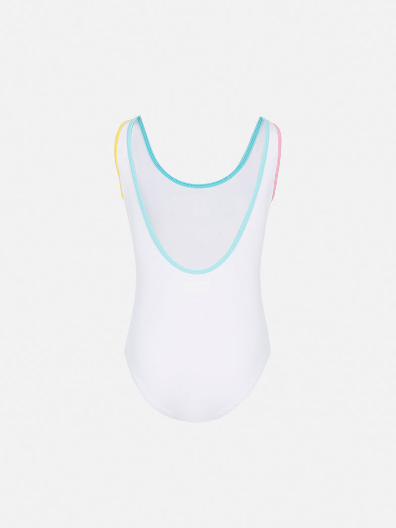 Cara white ribbed one-piece swimsuit with multicolor logo patch