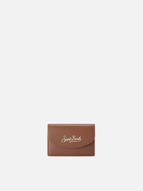 Brown leather card holder with logo print