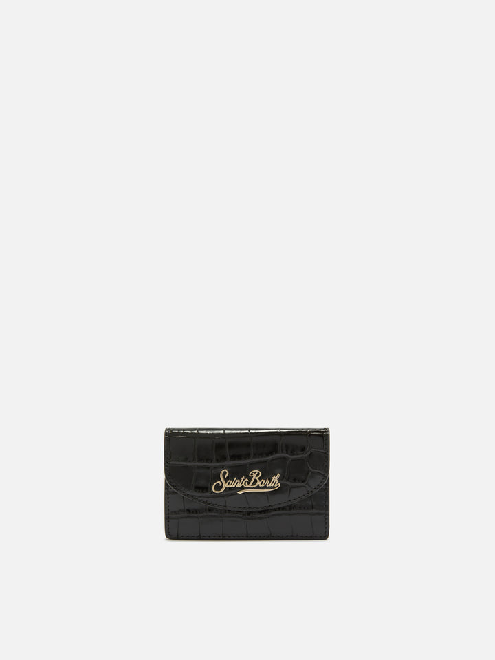 Card Holder in crocodile-print black leather